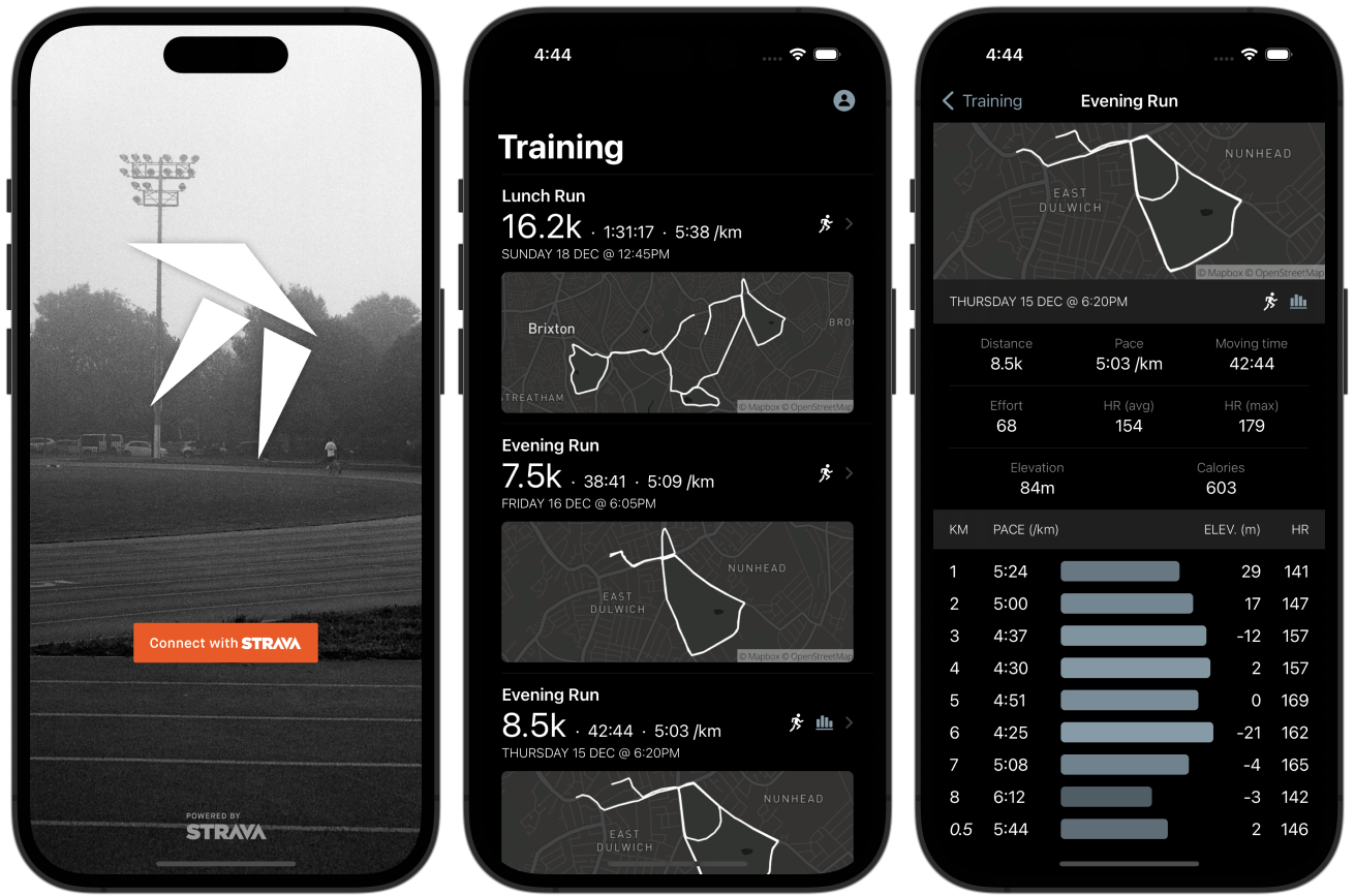 Some screenshots of the Kilometer app running on iOS